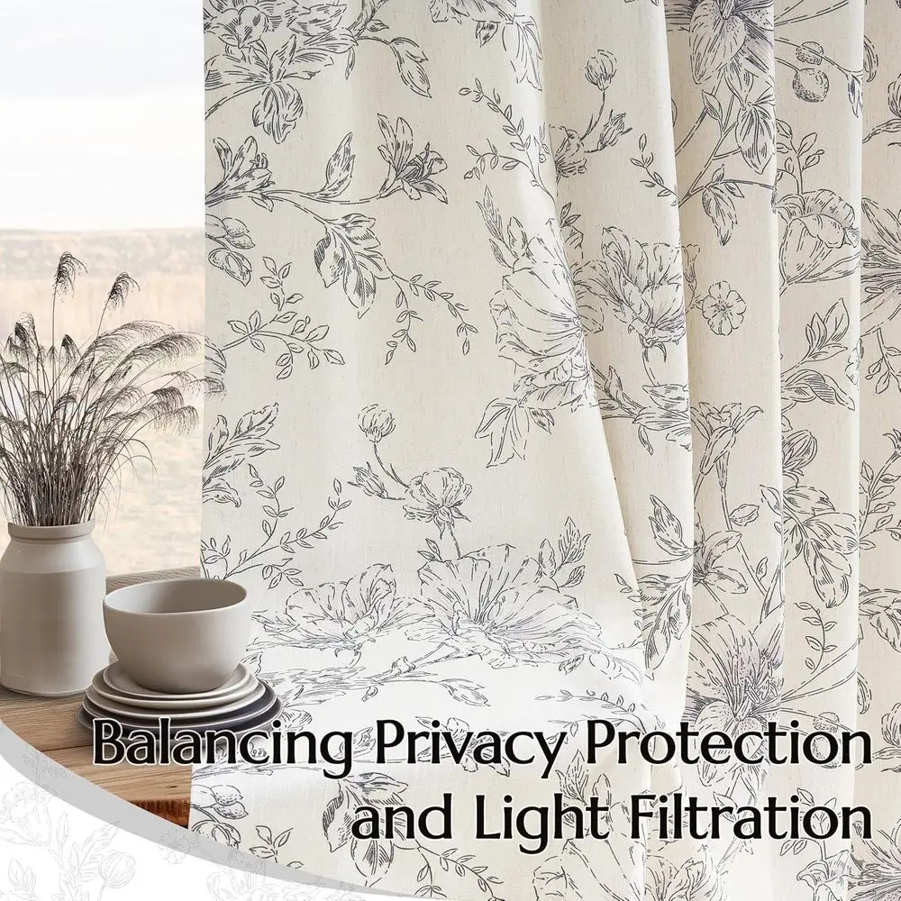 Zasłony lniane w stylu vintage z kwiatowym wzorem z lat 90., z zakładkami typu pinch pleat, do salonu i sypialni, czarny wzór kwiatowy.