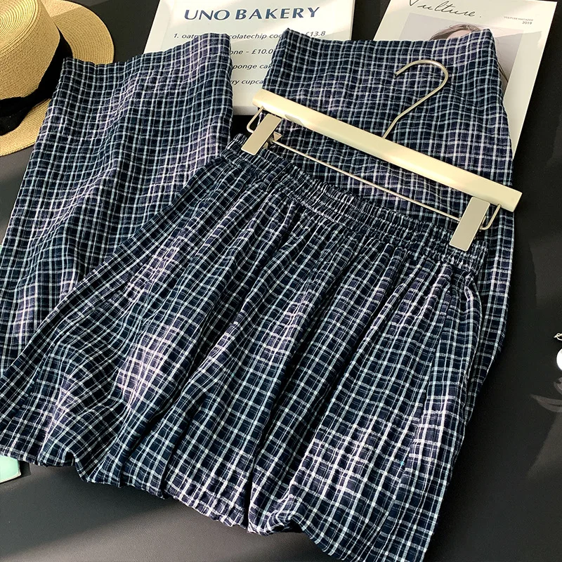 Women Pants Plaid Capris Cotton Linen Elastic Empire Waist Full Length Wide Leg Pants Slight Strech Loose Fit Casual 2026 Summer