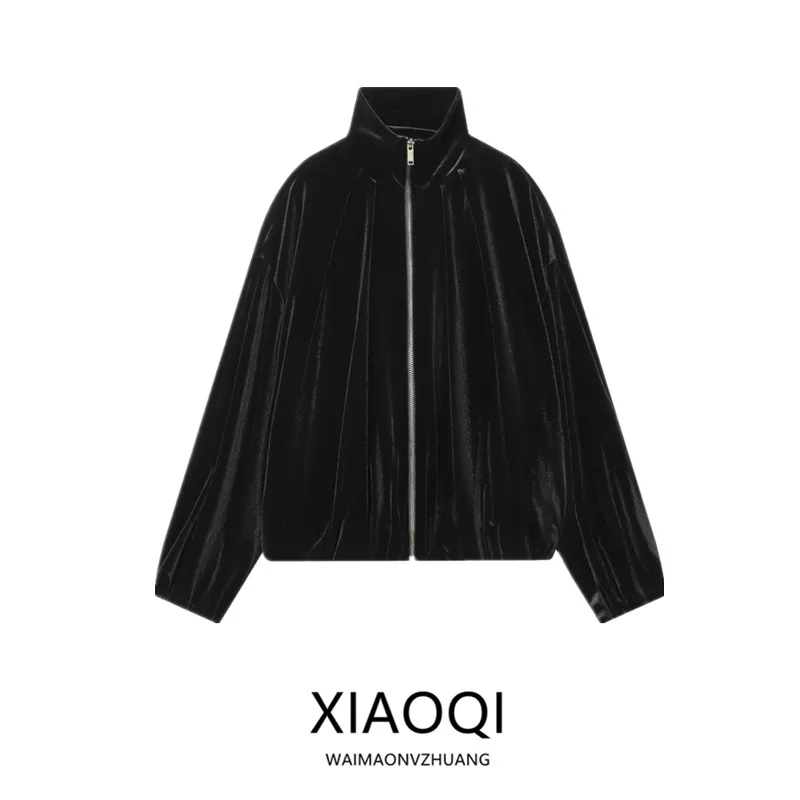 

Зимняя женская вельветовая куртка 2025 года, свободный крой, воротник-стойка, универсальная верхняя одежда, длинный рукав, на молнии, модная женская модель