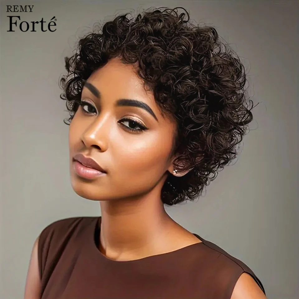 Remy Forte-Peluca de cabello humano rizado con corte Pixie, pelo corto Bob Afro hecho a máquina, 180% de densidad, marrón