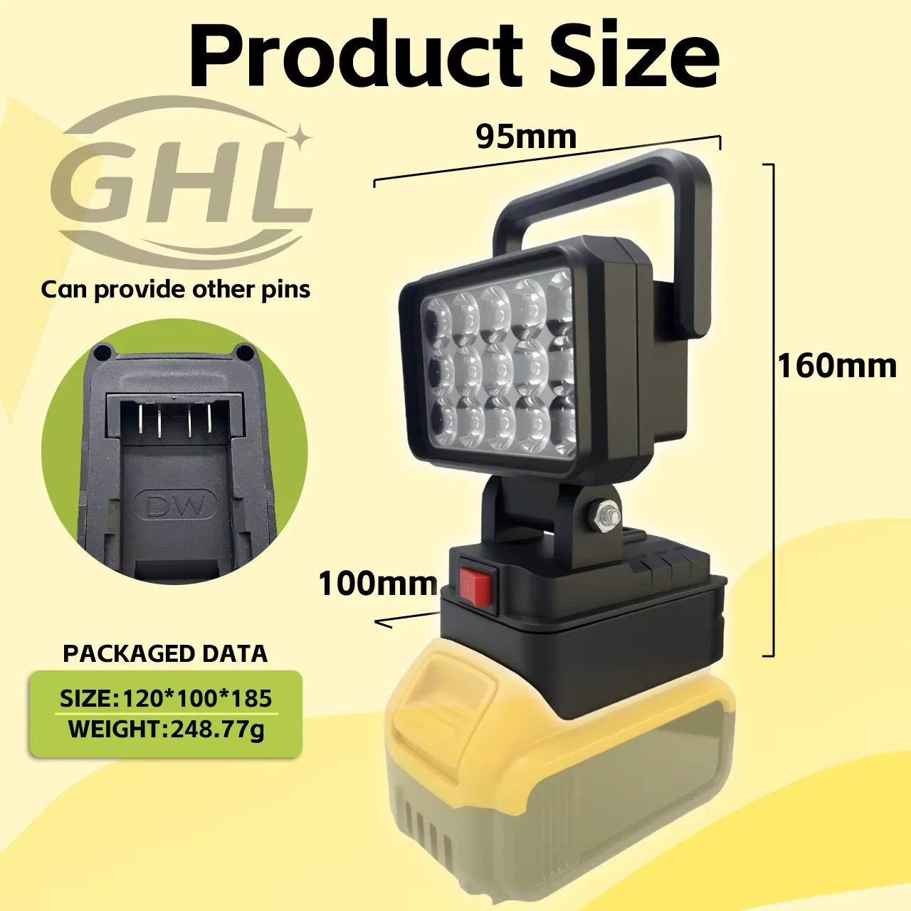 Lanterna de trabalho LED de 2 polegadas para bateria de íon-lítio DEWALT 18-20V, lanterna sem fio para uso externo, lâmpada de acampamento, iluminação de emergência.