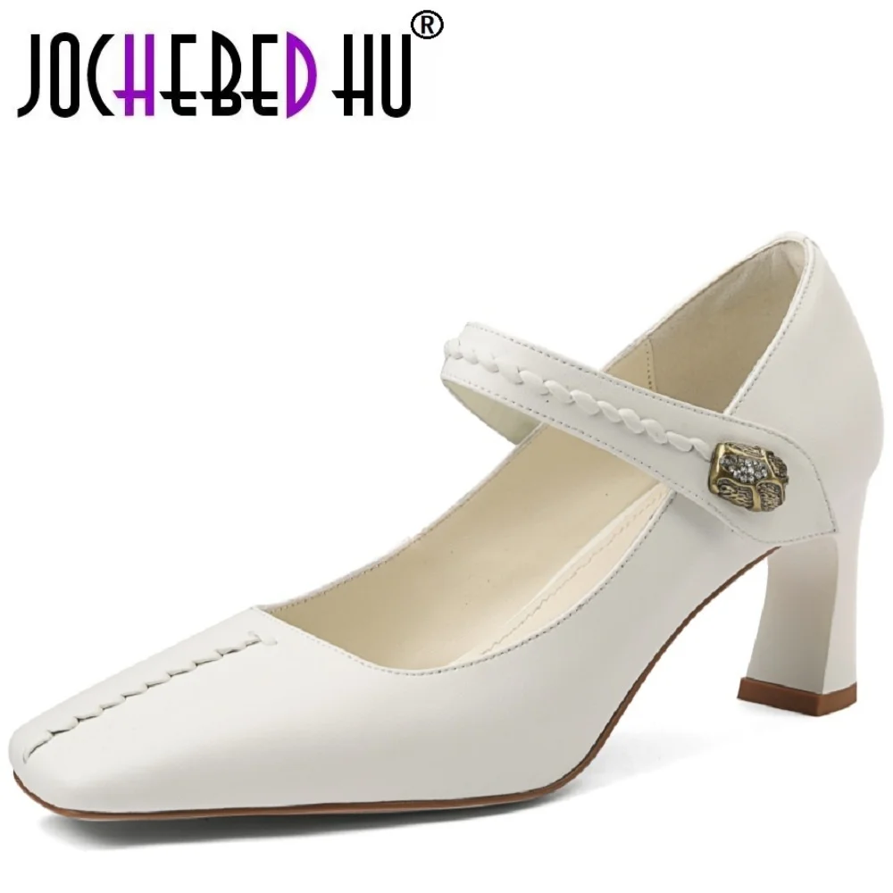 

【JOCHEBED HU】Женские элегантные женские туфли без шнуровки из коровьей кожи с металлической пряжкой и квадратным носком в стиле OL, повседневные тонкие модельные туфли на каблуке 34-40