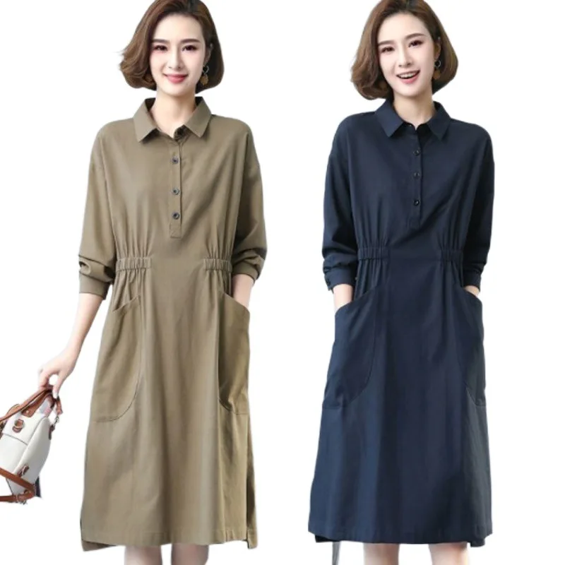 فستان من القطن والكتان عالي الجودة، نمط جديد للربيع والخريف، مزاج فضفاض، تنورة قميص بمقاس كبير، لون سادة للسيدات