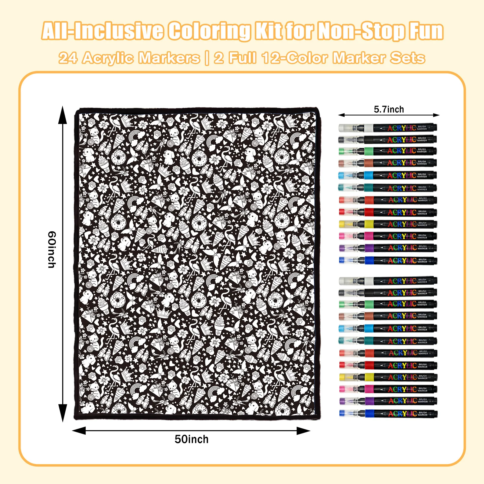 DIY Coloring Blanket for Adults & Kids, 50 X 60 Inch (Animals) | 2 Sets of 12 Markers, Double-Sided and Velvet Back, Machine Washable, for All Ages, Daily Use & Home Decor