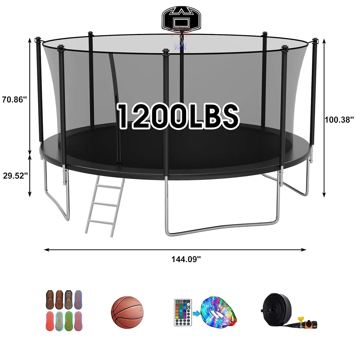 Outdoor Tranpoline for Kids with Basketball Hoop, Light &Sprinkler, Customized