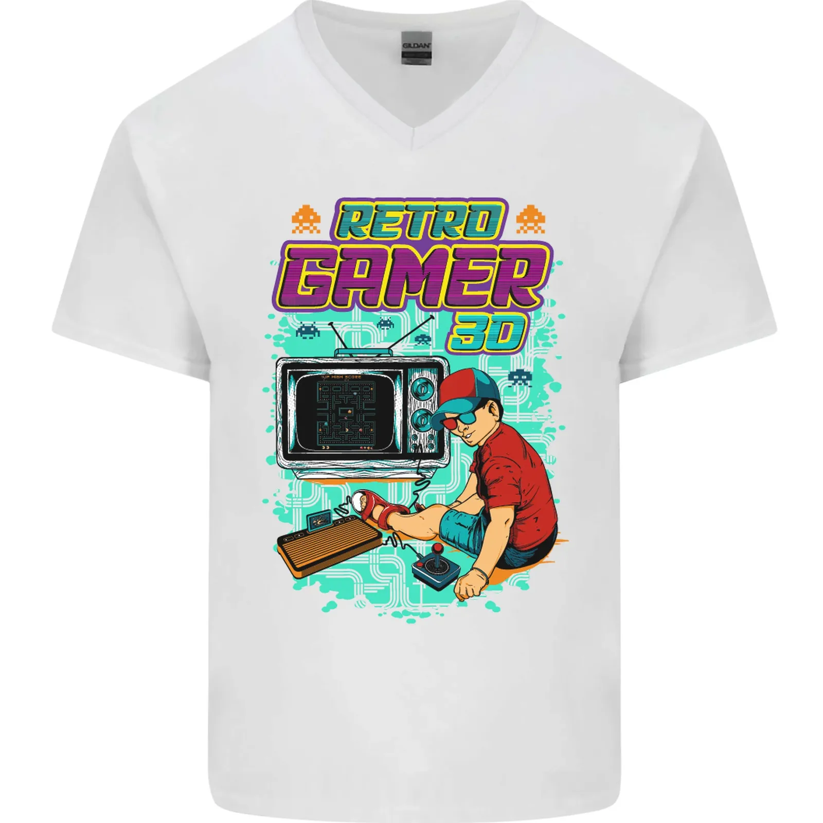 Retro Gamer Arcade Juegos Gaming Hombre Cuello En V Algodón Camiseta
