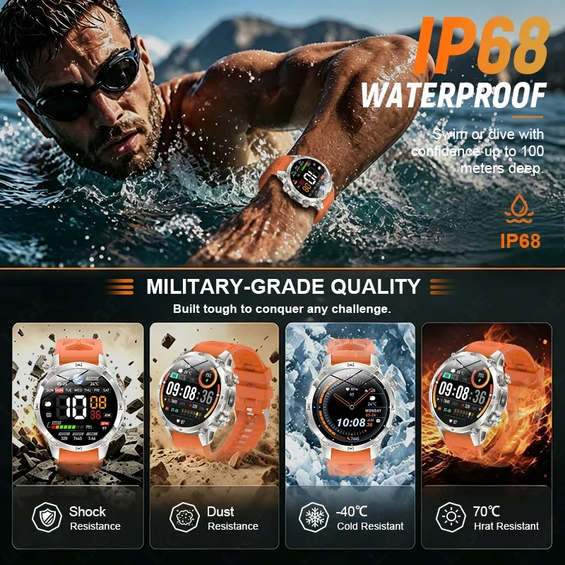 New Rugged 1400mAh Large Battery Smart Watch Men 1.7" HD Screen Waterproof LED Flashlight Sport Bracelet BT Call Smartwatch 2026