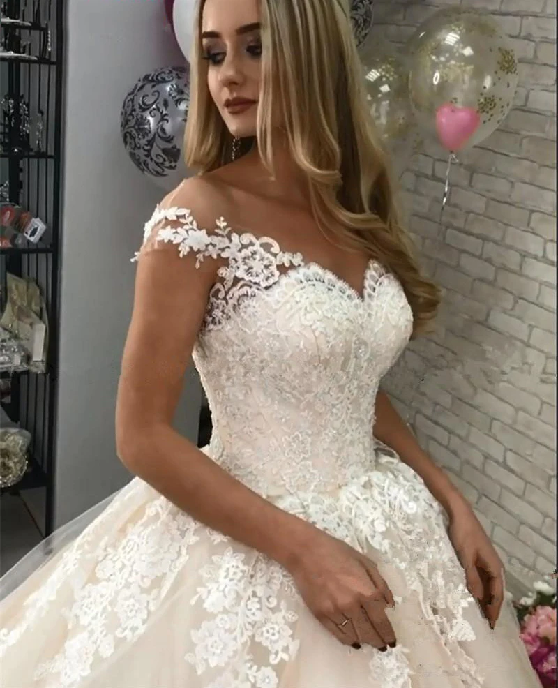 Vestidos de casamento feminino sem costas, vestido de noiva com renda para cima, apliques, ilusão, elegante, tamanho grande, ZJ9261