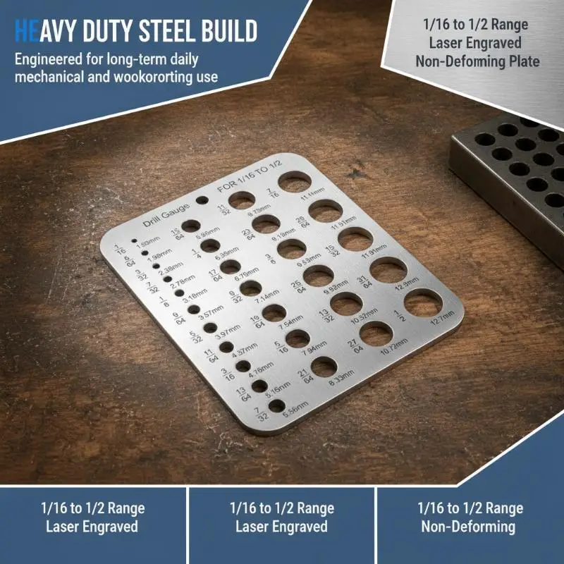 Stainless Steel 29 Hole Drill Gauge High Contrast Markings Durable Quick Precise Measuring 1/16 To 1/2 Inch Bits