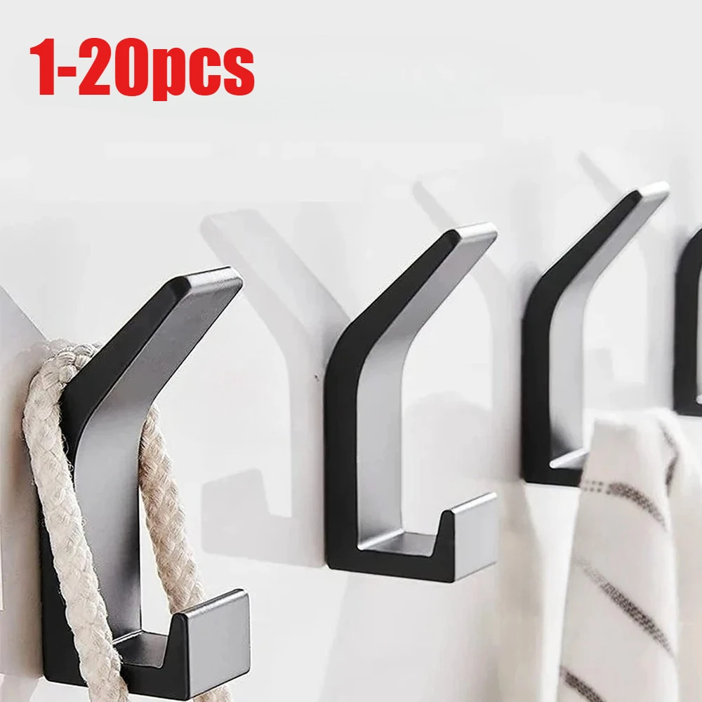 1-20Pcs Self Adhesive Waterproof Wall Hooks Space Aluminum Hooks Bathroom Towel Storage Organizer Solid Coat Rack Black White