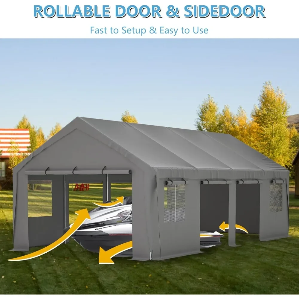 Carport 13'x 25' Heavy Duty Car Port with Roll-up Sidewall and Ventilated Windows with Removable Sidewalls,Gray