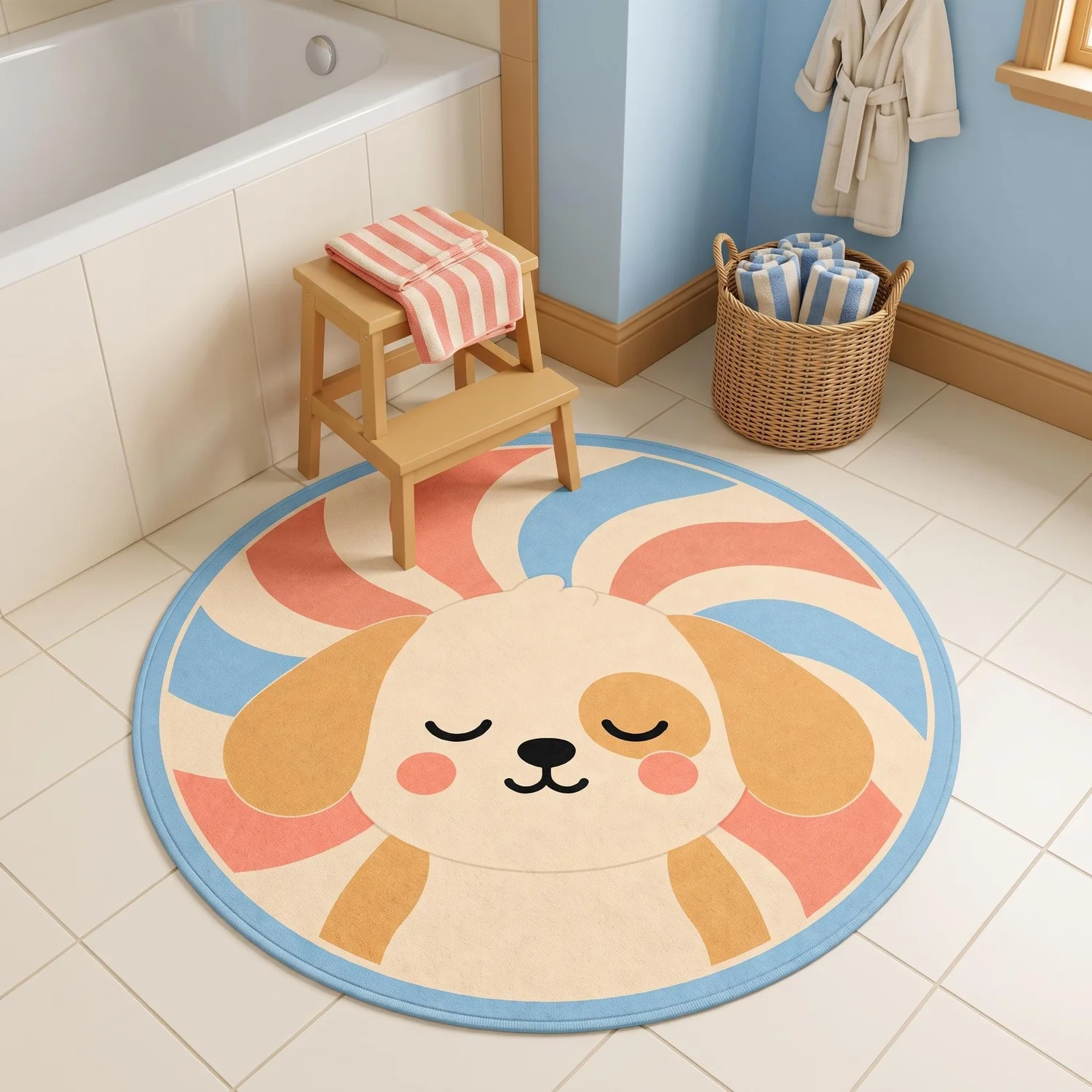 Puppy Round Bath Mat, Cornflower Blue Sunburst Pattern, Kids Bathroom Decor