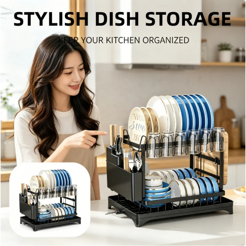 

Двухуровневая металлическая сушилка для посуды на кухонную столешницу с поддоном для сбора воды для хранения на кухонной стойке
