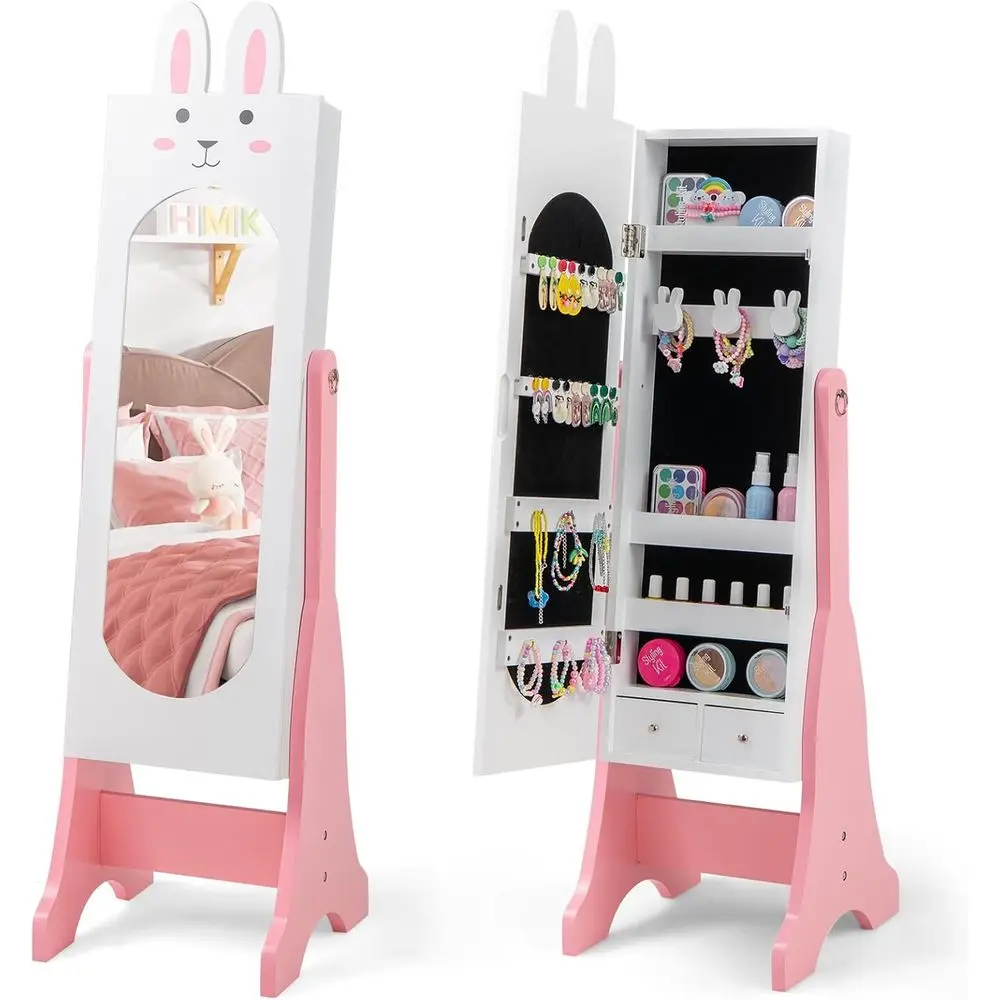 

45 Kids Standing Organizer Cabinet with Full-Length Mirror and Storage for Girls (White)