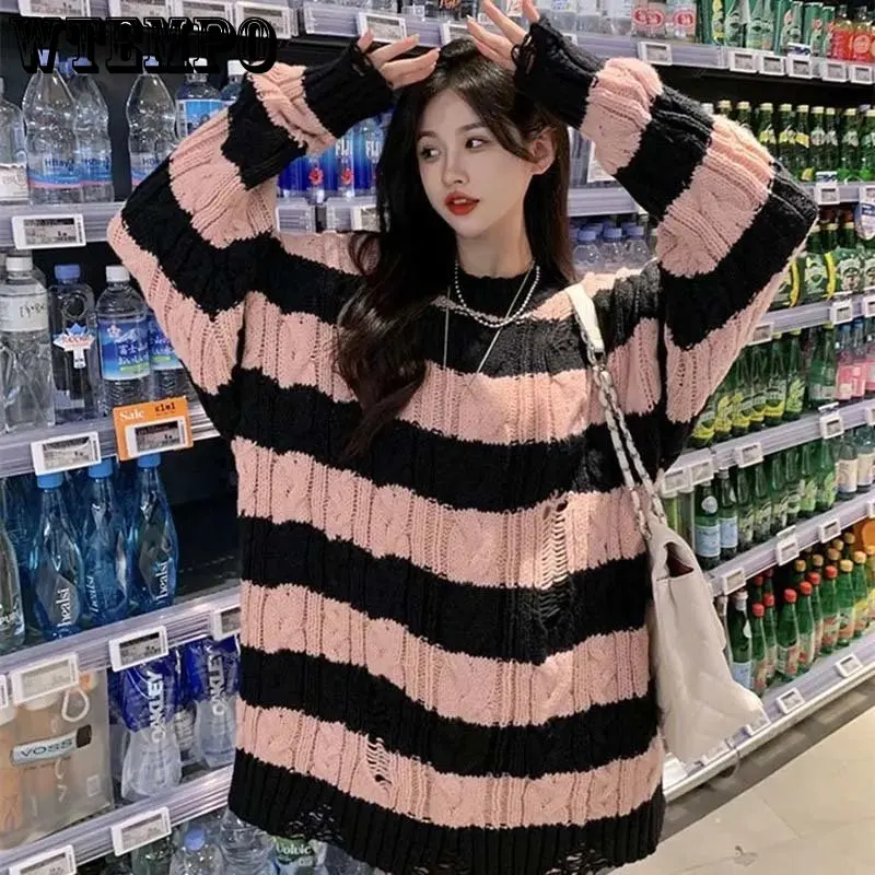 Striped Loose Sweater Gothic Women's Irregular Ripped Twist Pullover Mid-length Top Crew Neck Long Sleeve Knit Pullover Sweater