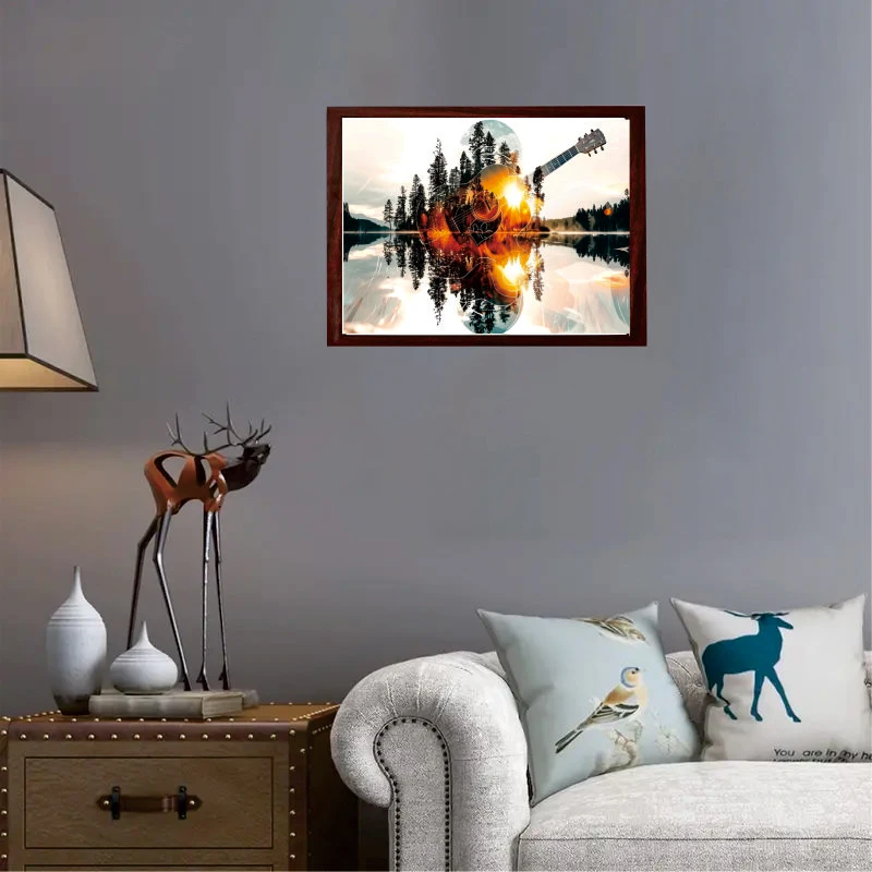 Jeu de puzzle en bois avancé pour adultes - Réflexion de lac et scènes de guitare et de forêt, bois épais et durable, couleur coucher de soleil vibrante, bord sans couture - Anniversaire, Thanksgiving, Pâques, thème naturel et musical, activités créatives de divertissement à domicile, idées cadeaux de vacances