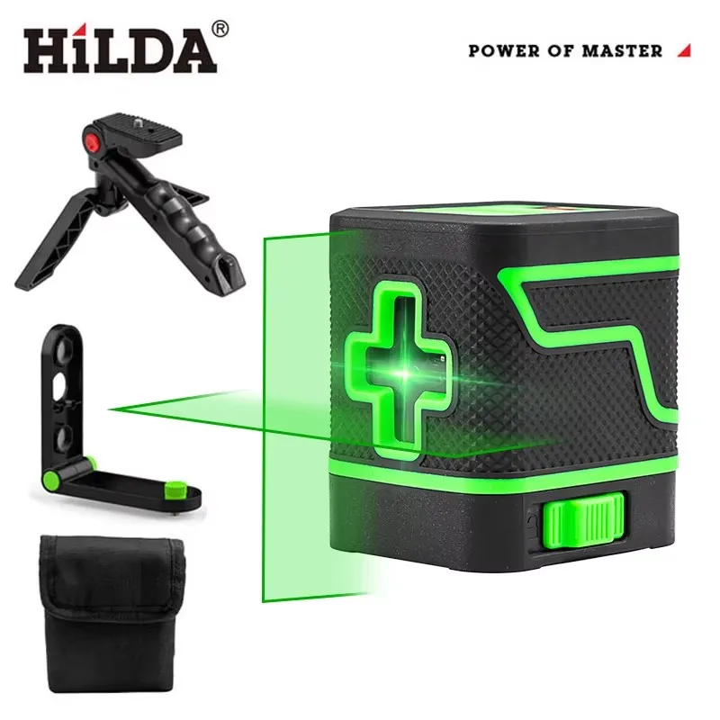 HILDA 2 Line Laser Level Self Leveling Horizontal and Vertical Cross Super Strong Green Laser with Nut Bracket Cloth Bag