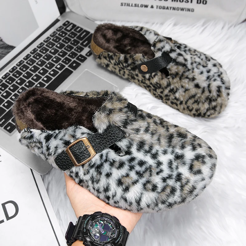 ليوبارد طباعة أفخم نِعال من الفراء للجنسين الشتاء الفلين النعال داخلي المنزل أحذية الانزلاق على الصنادل مع مشبك قابل للتعديل مغلق اصبع القدم #5