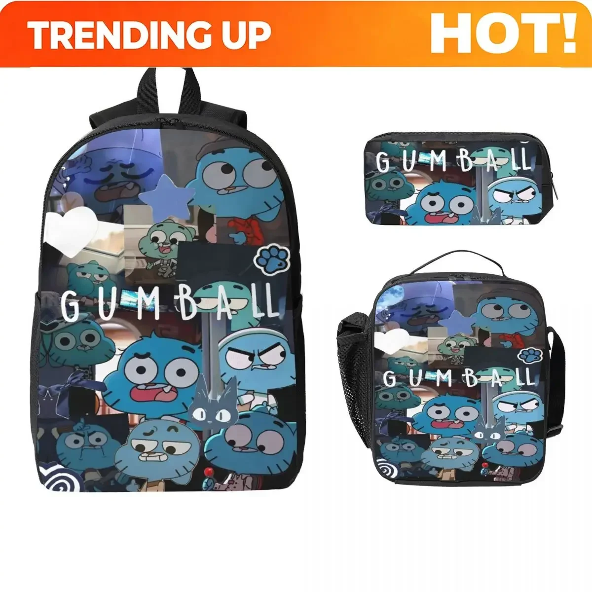 Custom Bag 3Pcs The Amazing World Of Gumball Backpack Set For Children Pencil Boxes Bookbag Sets With Lunch Box For School Stude