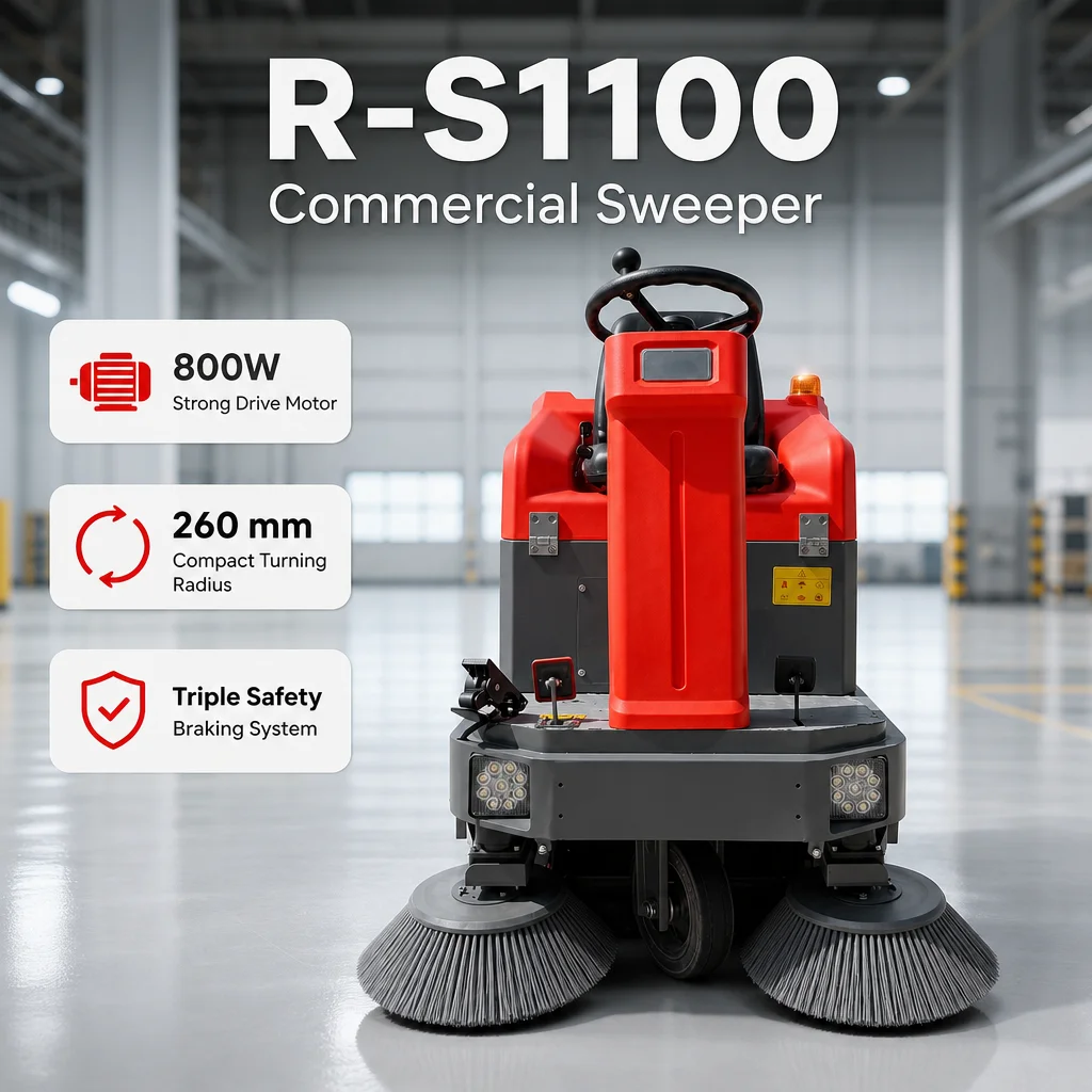 R-S1100 48V Electric Ride on Floor Sweeper 1100mm Cleaning Width Industrial Road Sweeping Machine for Warehouse Factory