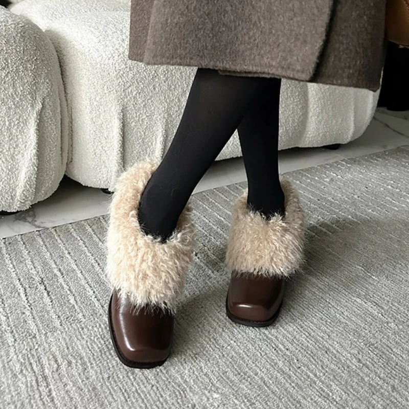 New Fashion Furry Lambwool Women Mary Jane Shoes Elegant Square Toe Slip on High Heels Shoes Autumn Warm Ladies Thick Heel Shoes