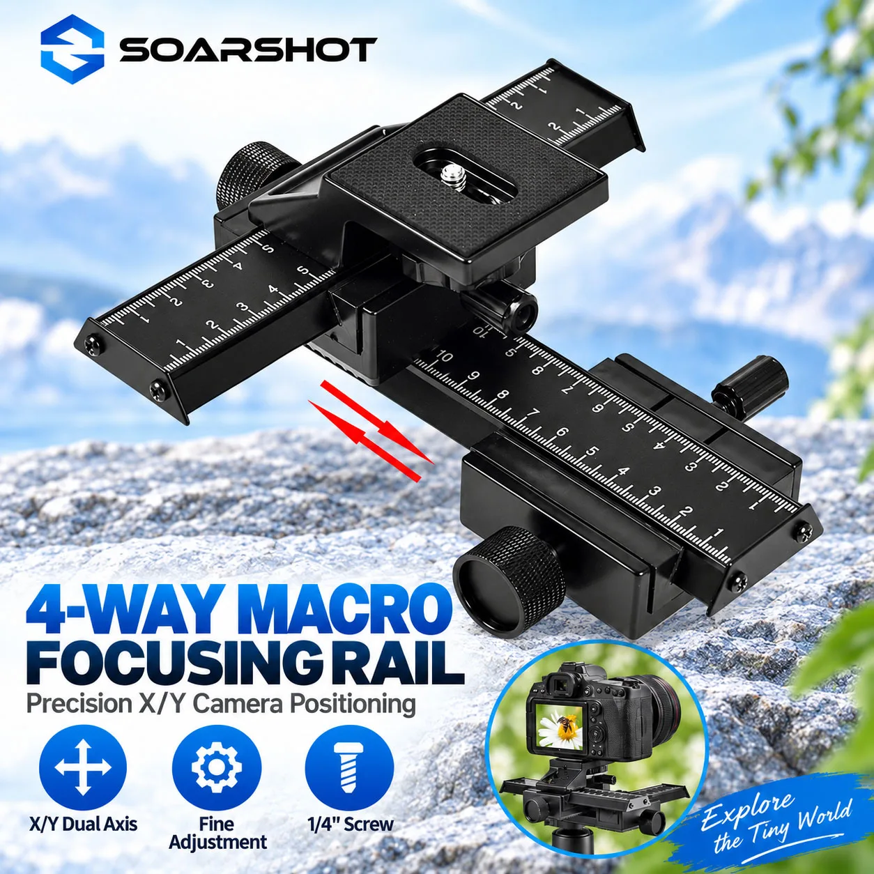 soarshot-mfr-814-4方向マクロフォーカシングレール-x-y軸カメラスライダー-1-4インチネジ-dslrミラーレスカメラ用-クローズアップ写真撮影用