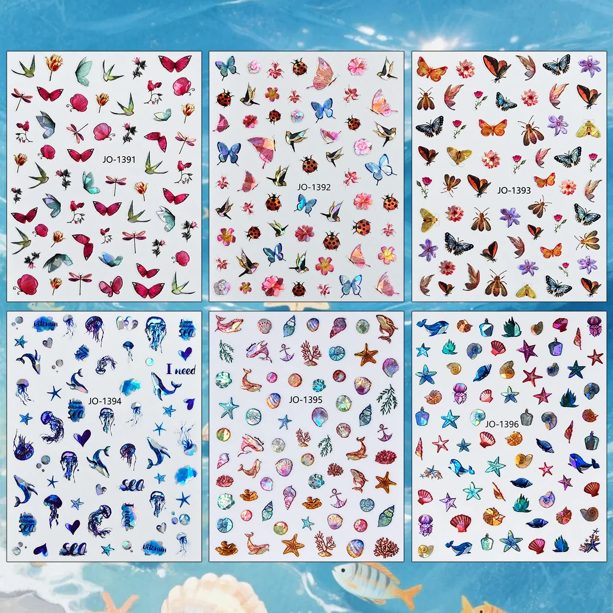 3 to 12 Sheets 3D Ocean Mermaid Seashell Starfish Butterfly Floral Self Adhesive Nail Art Stickers