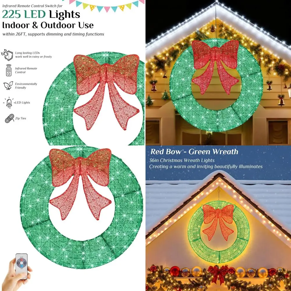 

Рождественский венок со светодиодной подсветкой, 36 предварительно освещенных наружных украшений с красным бантом для дверей, каминной, стены, окон, декора входной двери, зеленый