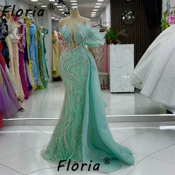 Mint Green Arabic Woman Evening Dress with Side Tail Silver Crystal 3D Leave Appliques Prom vestidos de fiestas elegantes mujer