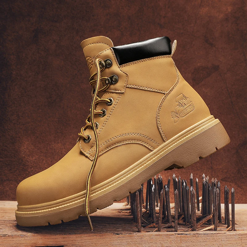 รองเท้าบูทนิรภัยสีเหลืองสำหรับผู้ชาย ป้องกันการเจาะทะลุ หัวเหล็ก รองเท้าผ้าใบหนังกันน้ำ รองเท้าทำงานป้องกันการกระแทกสำหรับผู้ชาย สำหรับกิจกรรมกลางแจ้ง