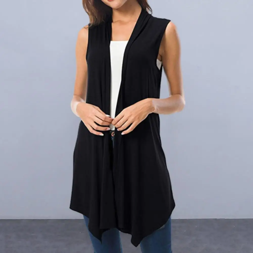 Women Sleeveless Cardigan Vest Stylish Women\'s Sleeveless Cardigan Vest Chic Mid-length Asymmetric Hem Waistcoat for A