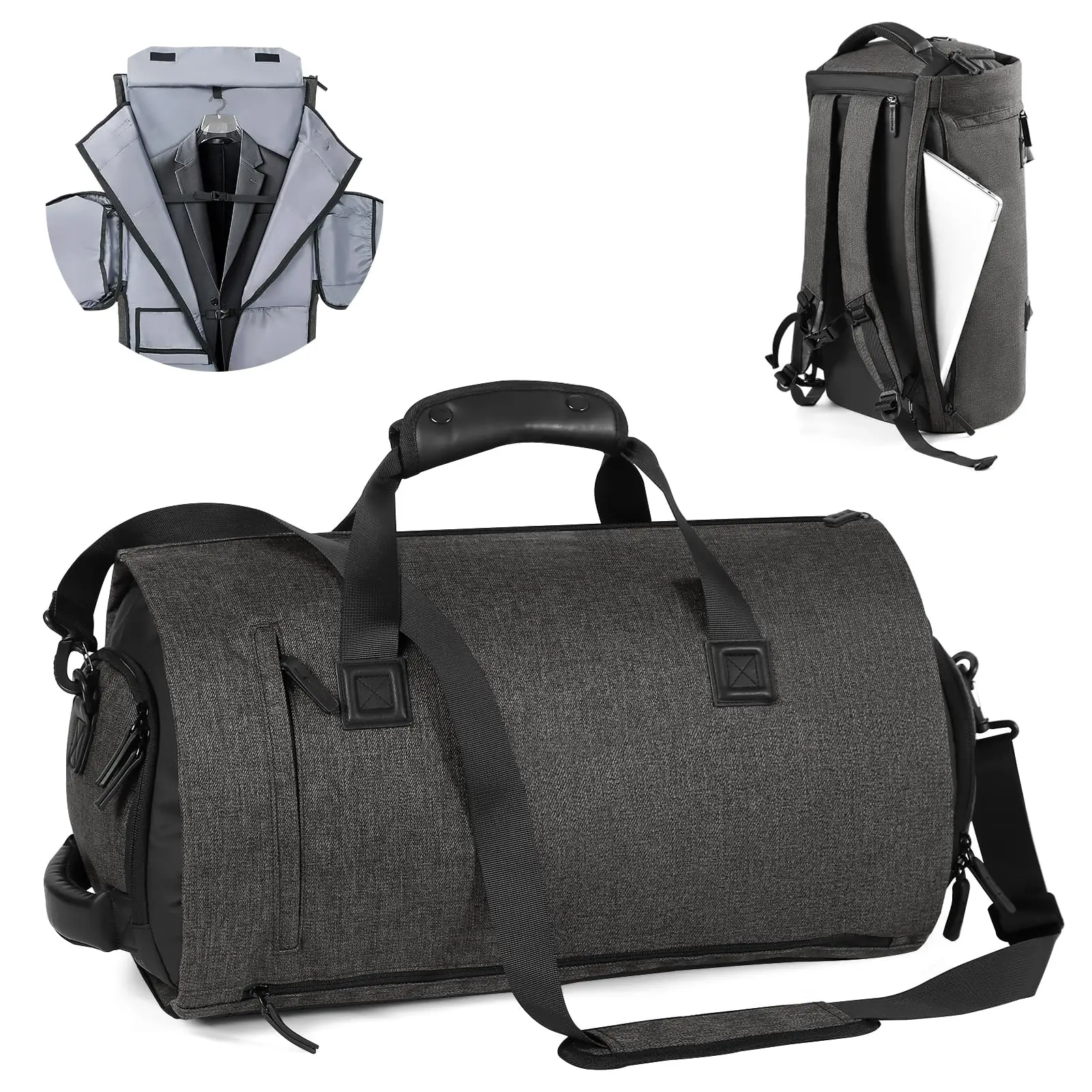 Bolsa de traje convertible de 45 litros, bolsa de ropa de viaje, con correas para mochila y correas de hombro desmontables, bolsa de equipaje de mano de fin de semana 5 en 1, múltiples opciones de transporte, resistente a las manchas y al desgaste, gran capacidad, compartimento direccionable para el almacenamiento del vestido de novia