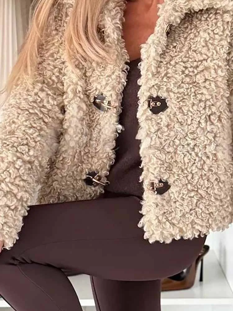 

Casual Women's Solid Color Office Jacket Fashion Lapel Button Long Sleeved Winter Coat Elegant Streetwear Warm Fleece Outerwear