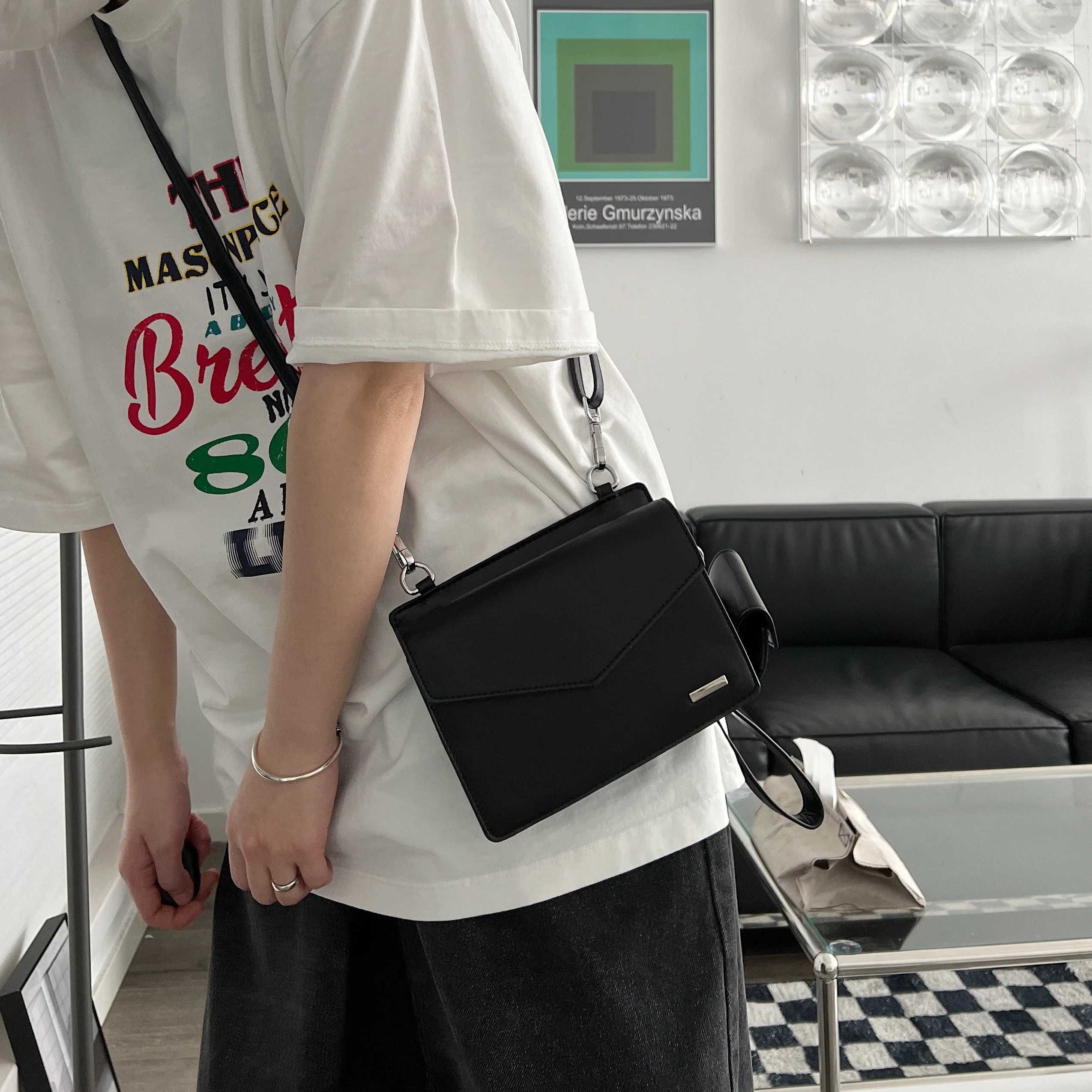 Vintage Man Small Square Bag Solid Black Designer Shoulder Bag with Coin Purse 2022 New Leather Flip Messenger Bags 2pcs Set