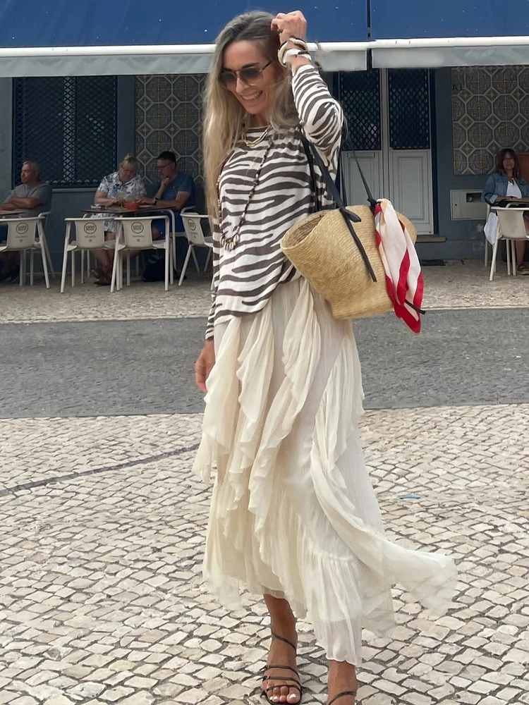 

HH 2025 Summer Woman High Waist Solid Skirt Seaside Vacation Beach Skirt Women Chic Stacked Ruffle Design Midi Skirt Mujer