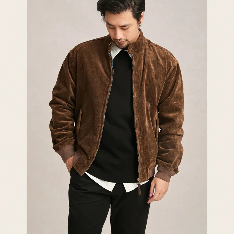 

Retro American Zipper Jaet Men's Loose Fit Corduroy Spring Autumn Sle Stand Collar Workwear Thiened Fce