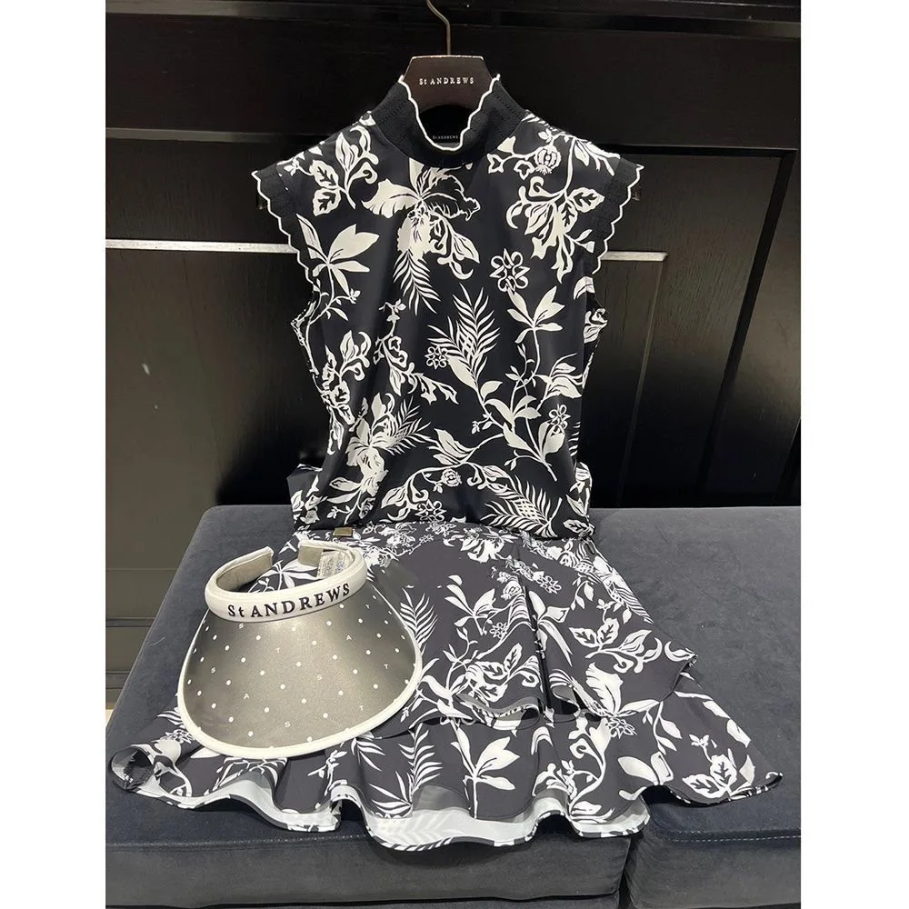 St ANDREWS Ladies Golf Mock Neck Sleeveless Floral Print Dress Ruffle Hem Breathable Sports Casual Dress Christmas Gift