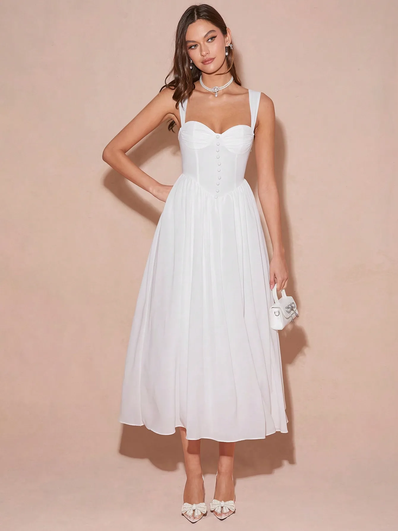 

White Sweetheart Neckline Sleeveless Midi Dress with Button Front and Pleated Skirt