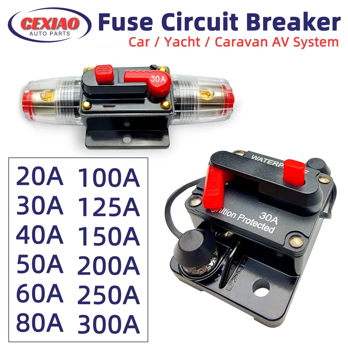 Circuit Breaker Fuse 20A to 300A Manual Reset Inline Fuse Inverter Waterproof Auto Car Yacht AV Aduio Video System IP6 12V 48VDC