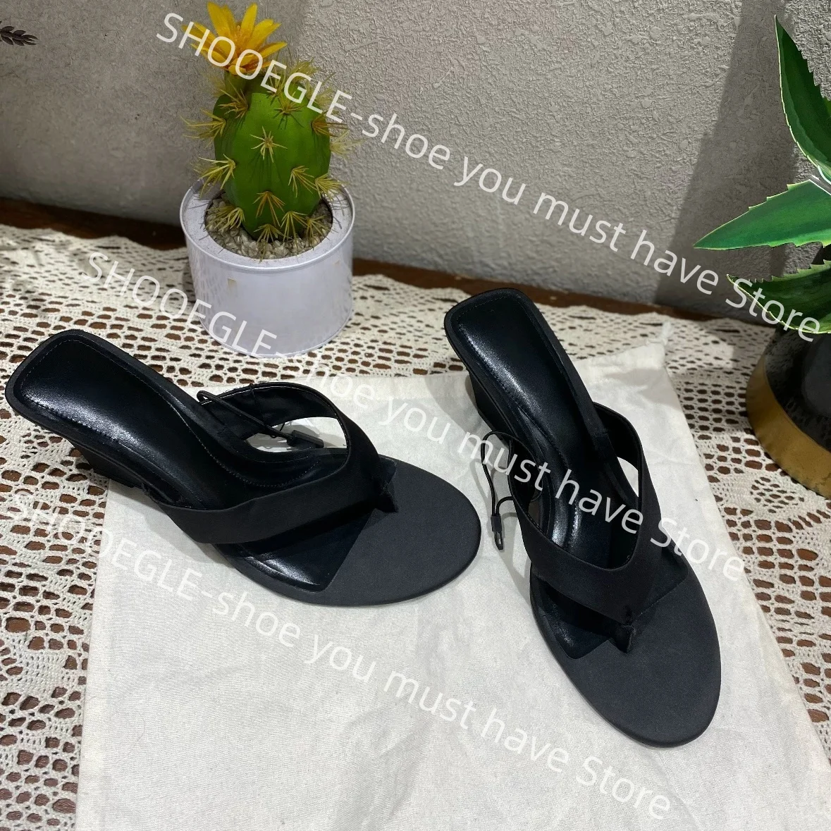 

Women Black Satin Square Toe Thong Wedge Heel Mule Sandals Luxurious Elegant Classic Slip-On Design Office Street Daily Slippers