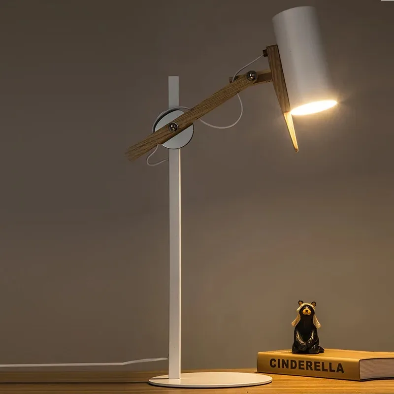 

Nordic Wooden Rocker Arm LED Table Lamps Adjustable Angle Living Room Bedroom Study Office Black/white Wrought Iron Desk Lights