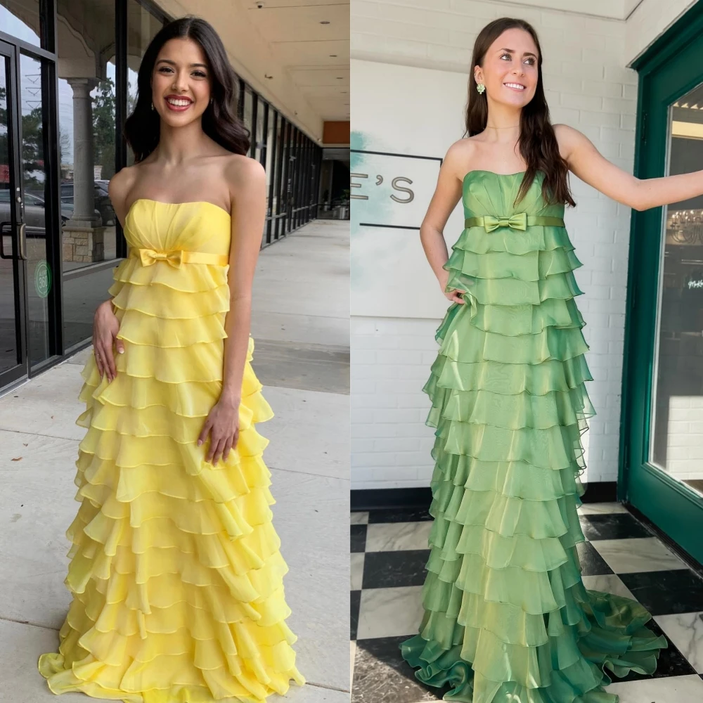 Prom Dress Saudi Arabia Prom Dress Organza Bow Tiered Pleat Celebrity A-line Strapless Bespoke Occasion Dress Floor-Length