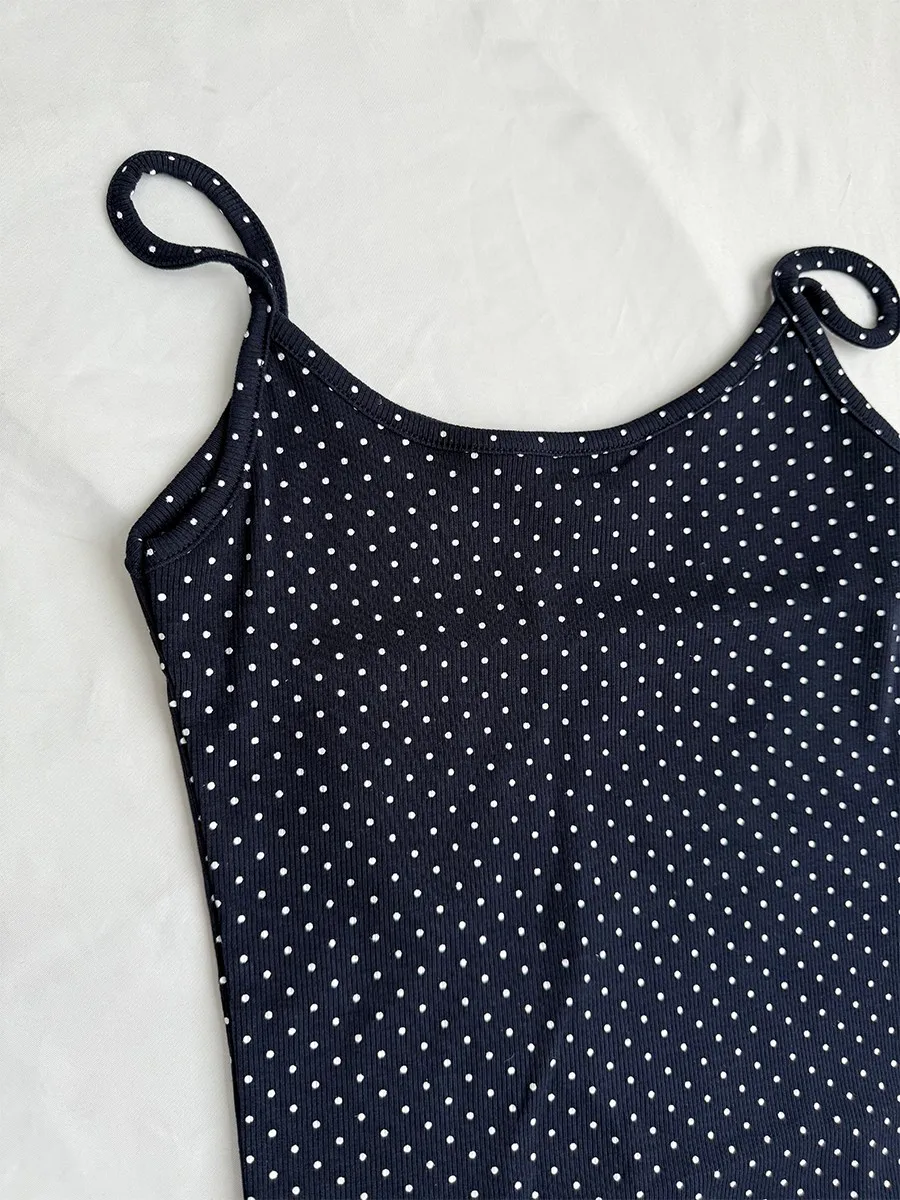 Navy Dot Ribbed Shorts Sets Women Summer Casual Sleeveless Crop Tank Top+Shorts Sweet Cute Home Cozy Slim Two-piece Set - view 5