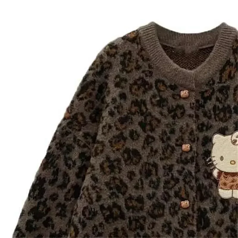 Sanrio Hello Kitty Leopard Print Knitted Cardigan Kawaii Lovely Winter Beautiful Cute Girly Heart Sweater Coat Christmas Gift