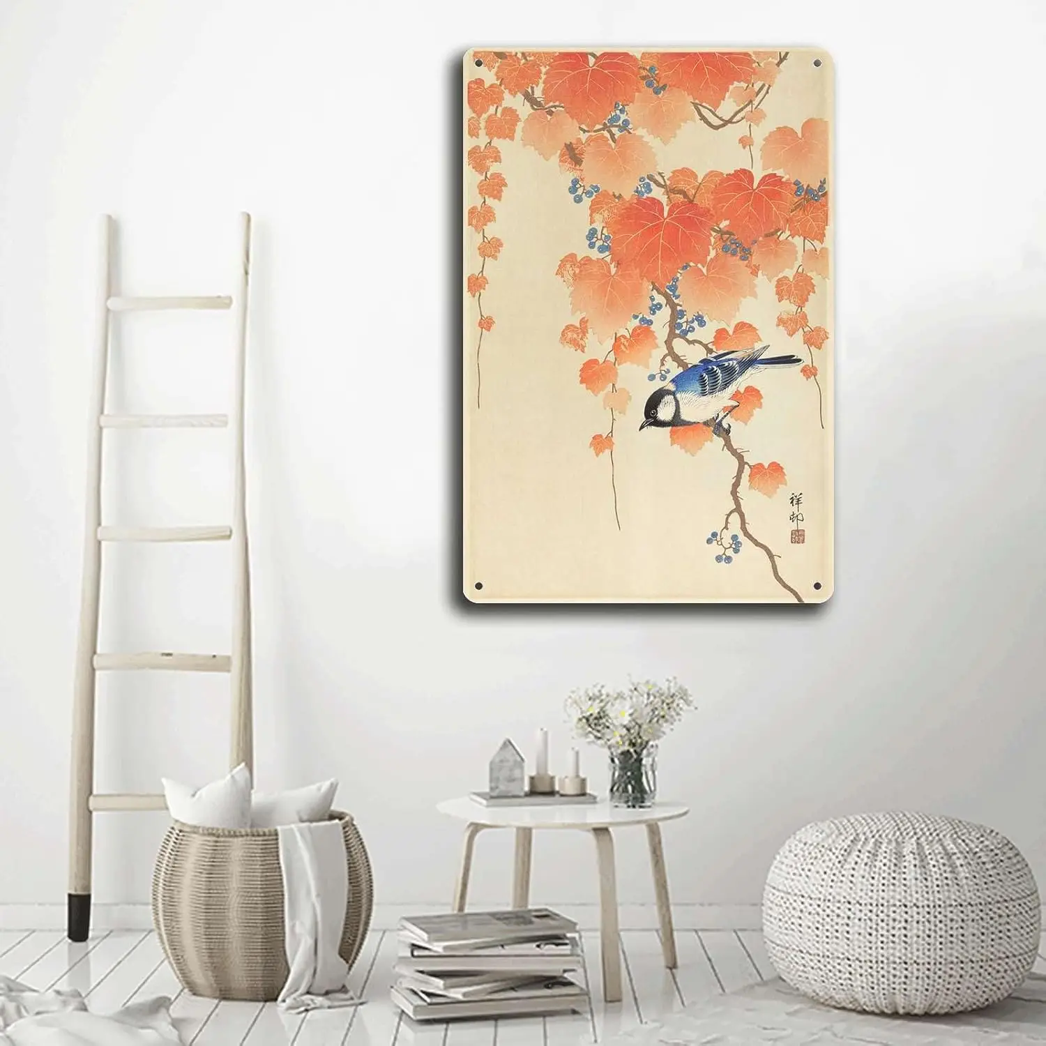 Tin Signs Vintage Japan Japanese Art Little Blue Bird Autumn Tree Branch Ukiyoe Bird Art Metal Signs 8x12inch Tin Sign