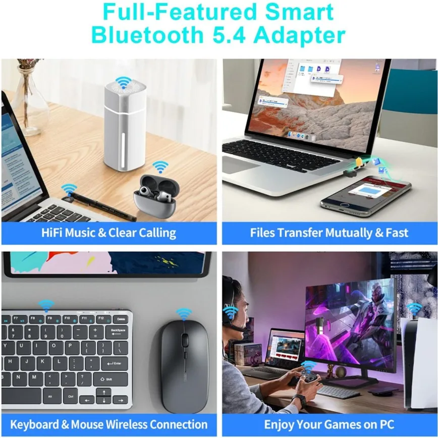 Adattatore USB Bluetooth 5.4 Ricevitore dongle Bluetooth wireless per PC portatile Win 11/10/8//7 Auricolare Altoparlante Tastiera Mouse Stampante