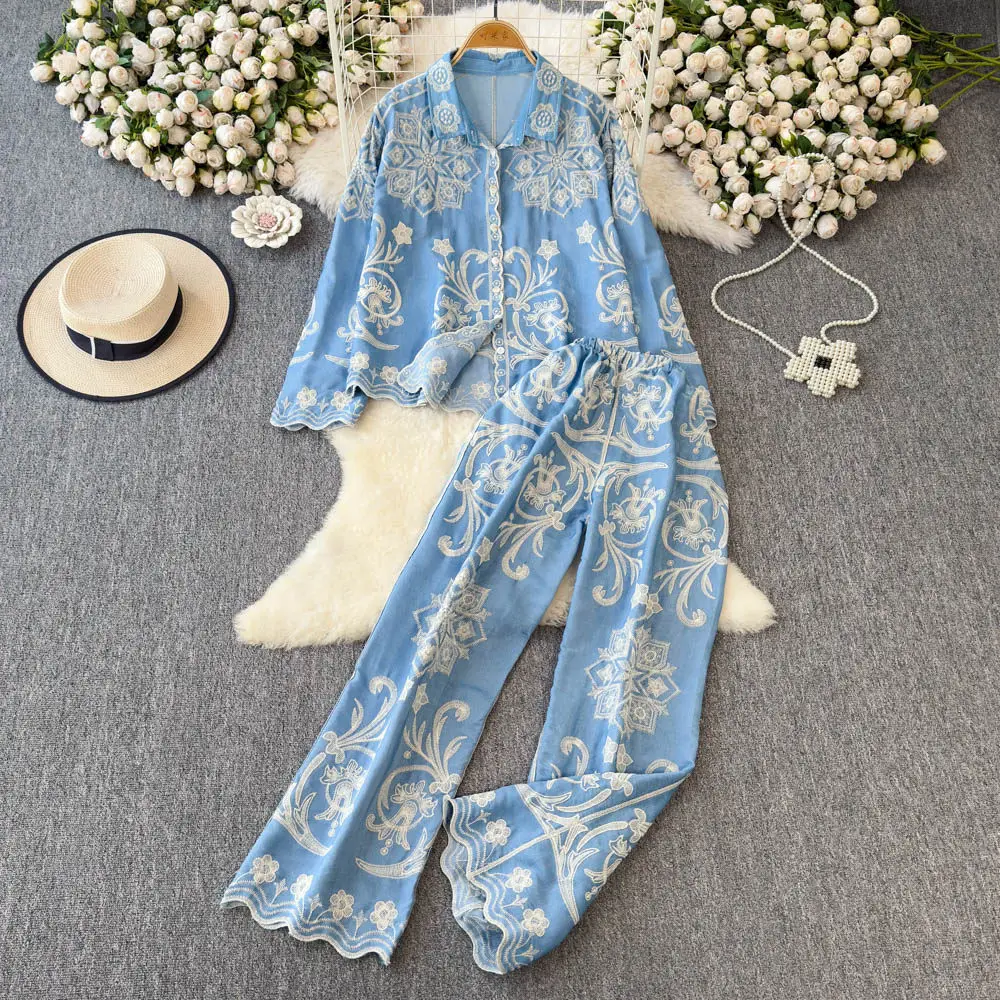 New Women Blue Embroidery Lace Two Piece Outfit Loose Long Sleeve Shirt High Waist Scalloped Wide Leg Pants Casual Holiday Set