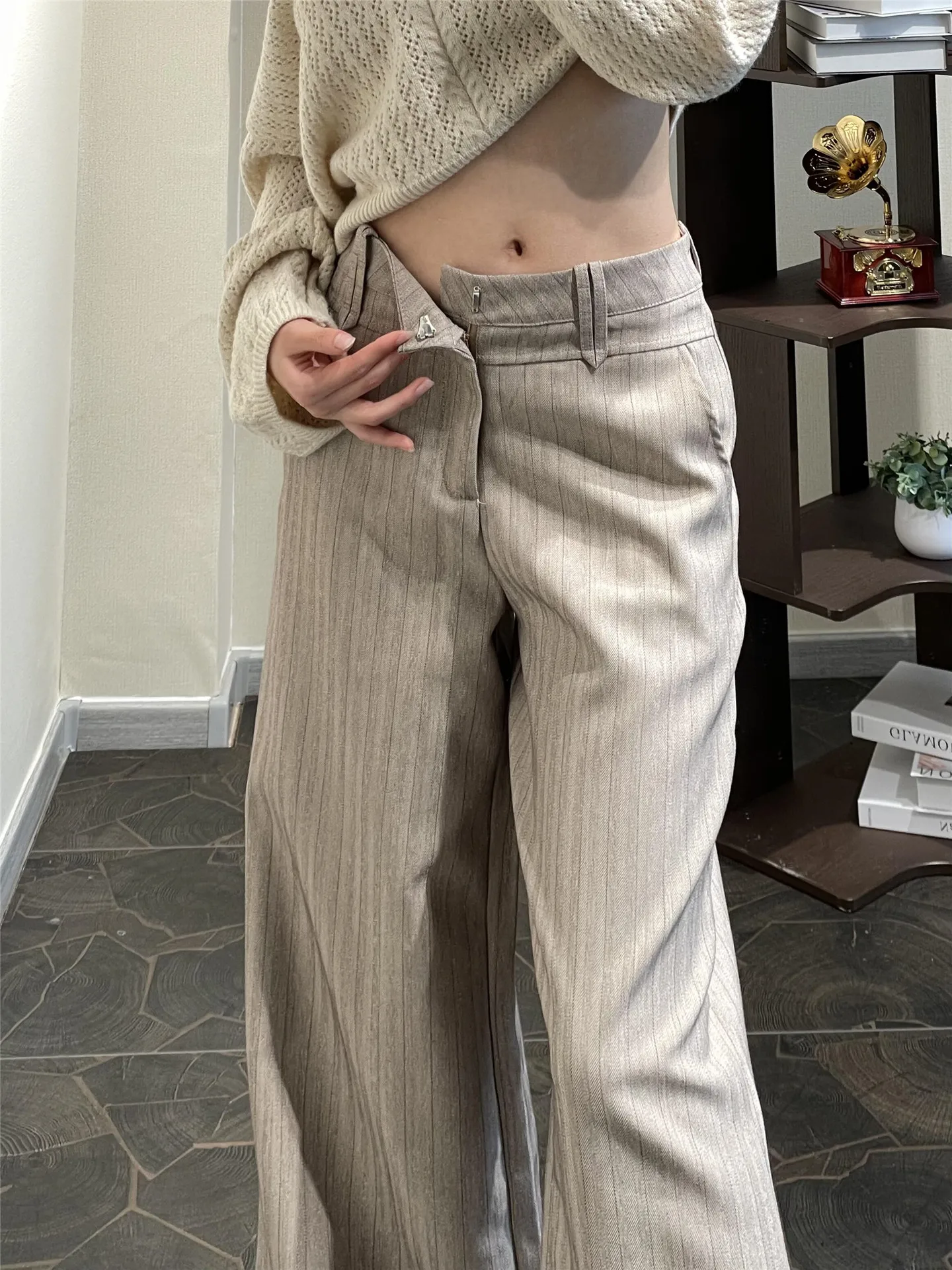 High Waist Wide Leg Suit Pants Women's Loose Fitting Trousers Summer Casual Striped Floor Length Pants American Retro Style