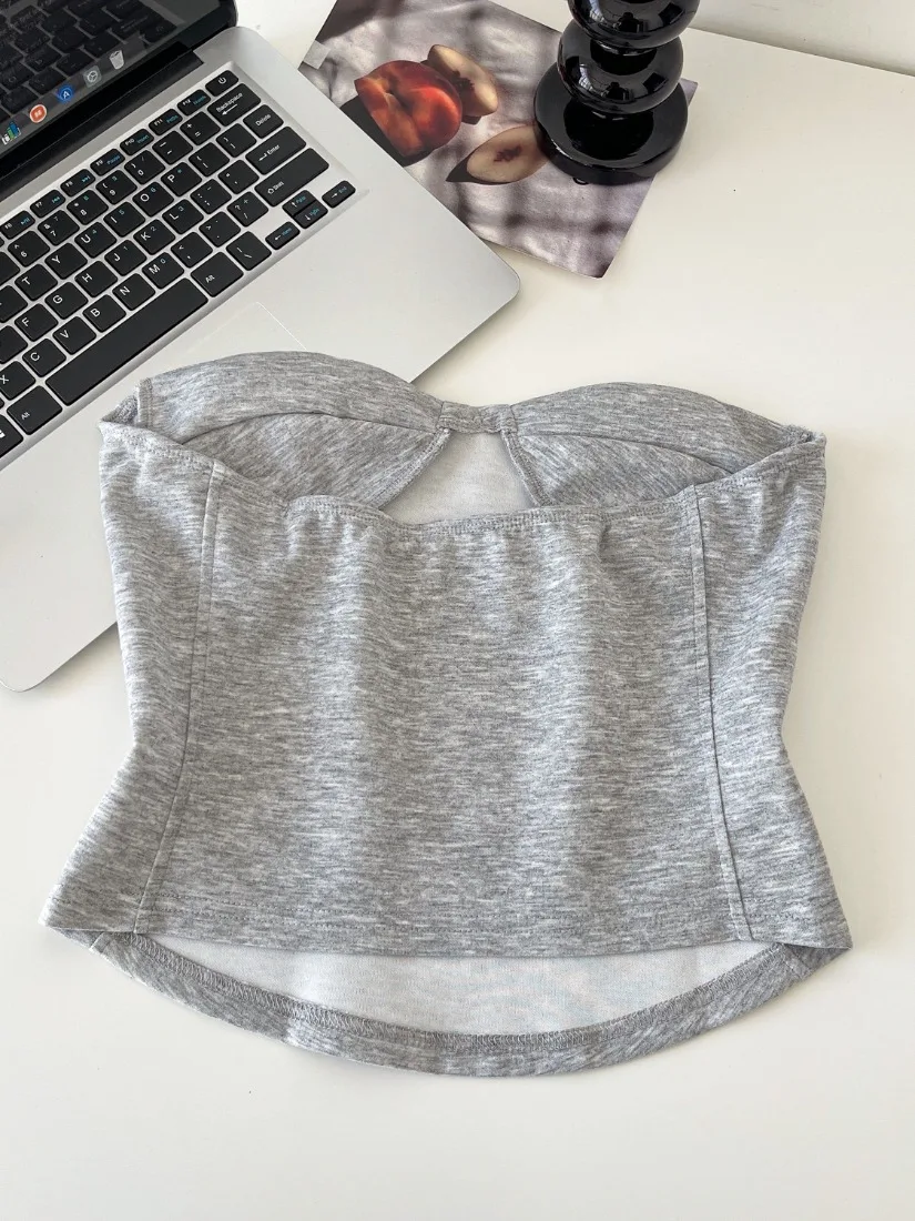 Foamlina gris débardeur sans bretelles pour les femmes mode été nœud sans manches coupe ajustée élastique haut court femme décontracté bustiers