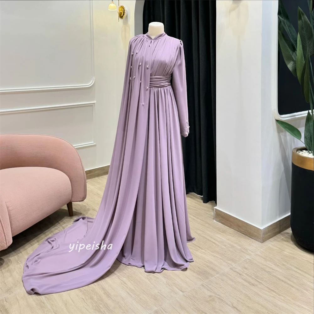 Prom Dress Saudi Arabia Simple Modern Style Formal Evening High Collar A-line Draped Pleat Floor-Length Satin Prom Dresses